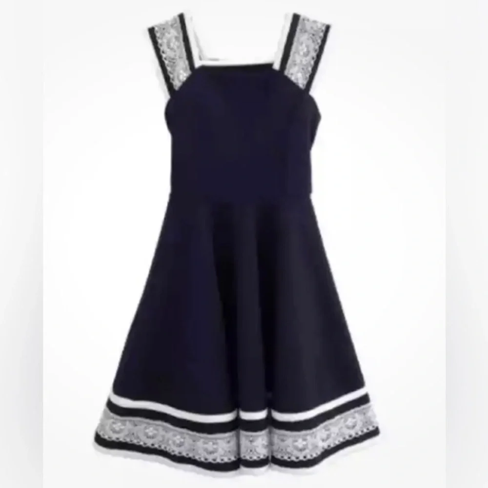 Bonnie Jean Girls 5 Navy Fit & Flare Party Dress Navy Blue White Lace Tie Waist